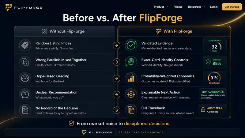 Before and after FlipForge comparison showing random listing prices versus validated evidence, exact-card identity controls, probability-weighted economics, explainable guidance, and full traceback