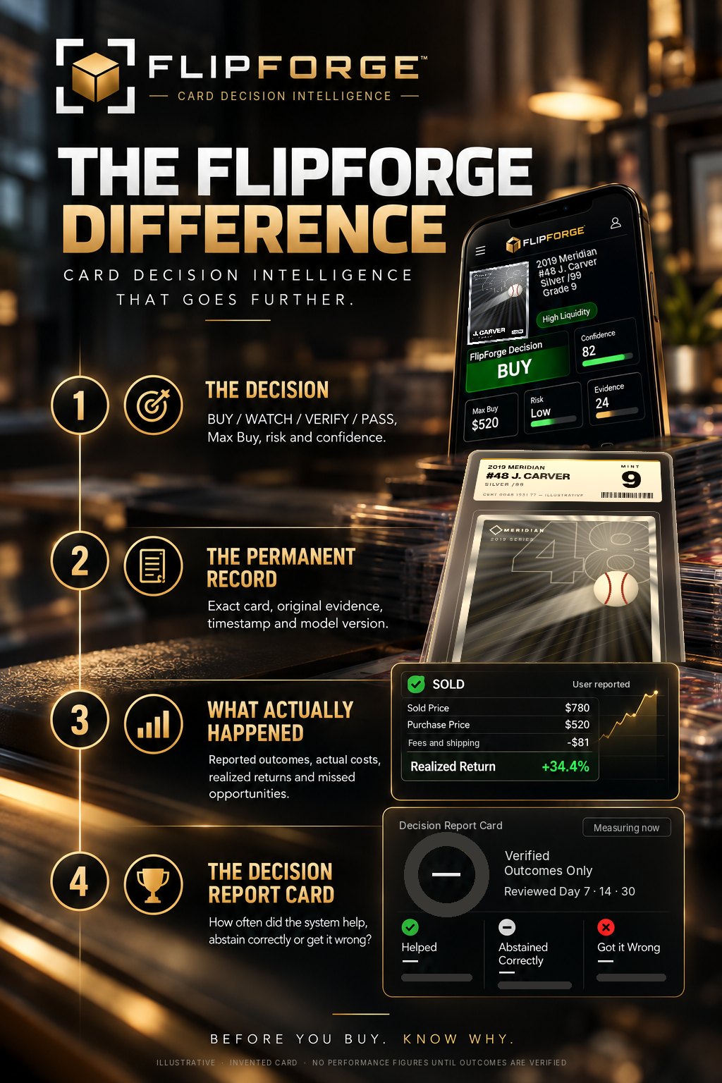 The FlipForge difference: card decision intelligence that goes further. 1, the decision: BUY, WATCH, VERIFY or PASS, with Max Buy, risk and confidence, shown for an invented card, 2019 Meridian #48 J. Carver, Silver /99, Mint 9. 2, the permanent record: exact card, original evidence, timestamp and model version. 3, what actually happened: reported outcomes, actual costs and realized returns, shown as a user-reported sale. 4, the decision report card: how often a call helped, abstained correctly or got it wrong, shown as measuring now with no figures. Illustrative example; no performance figures until outcomes are verified.